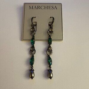 Marchesa Gunmetal, Emerald, Diamante & Faux Pearl Linear Drop Earrings NWT